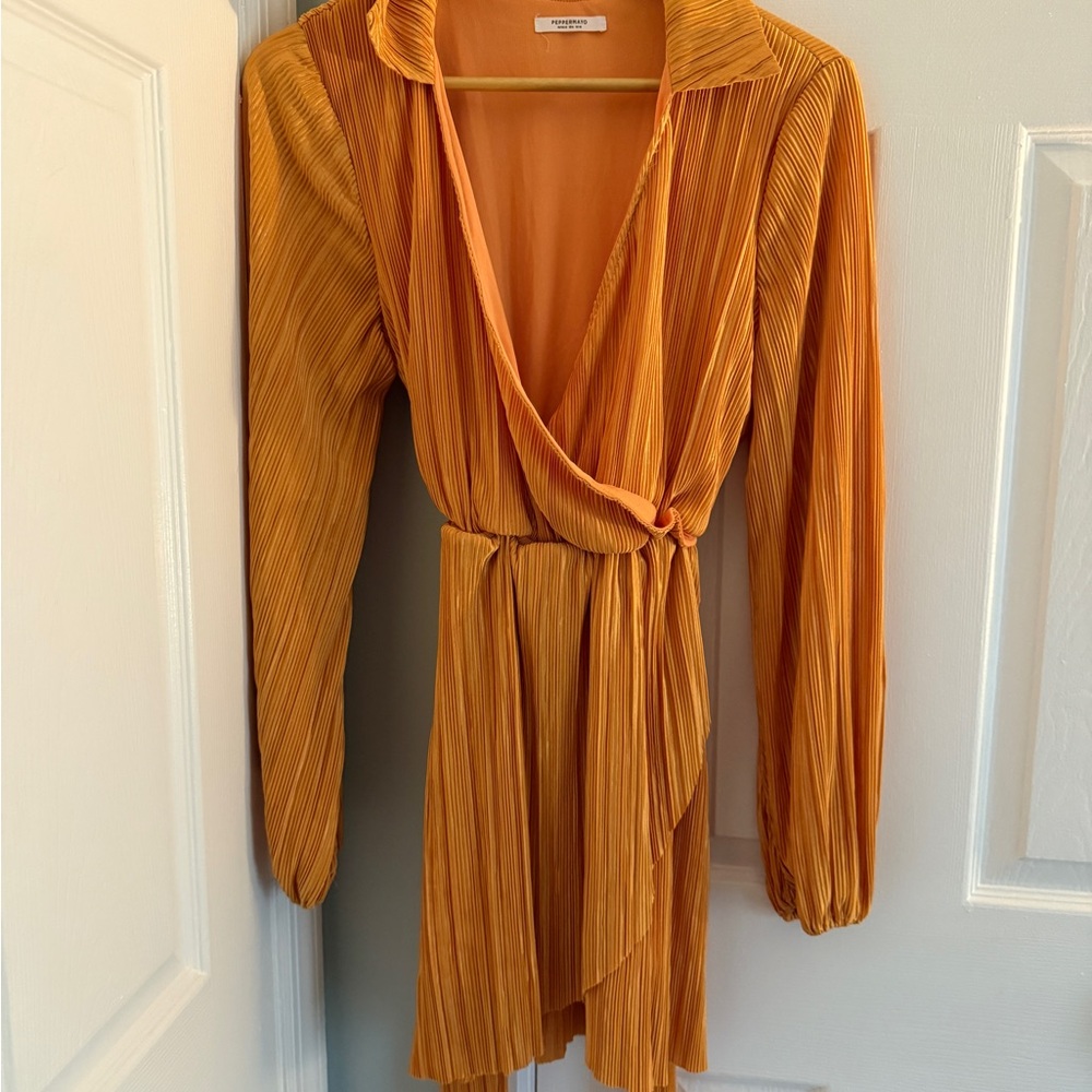 Peppermayo Orange Wrap Sundress with Bishop Sleeves